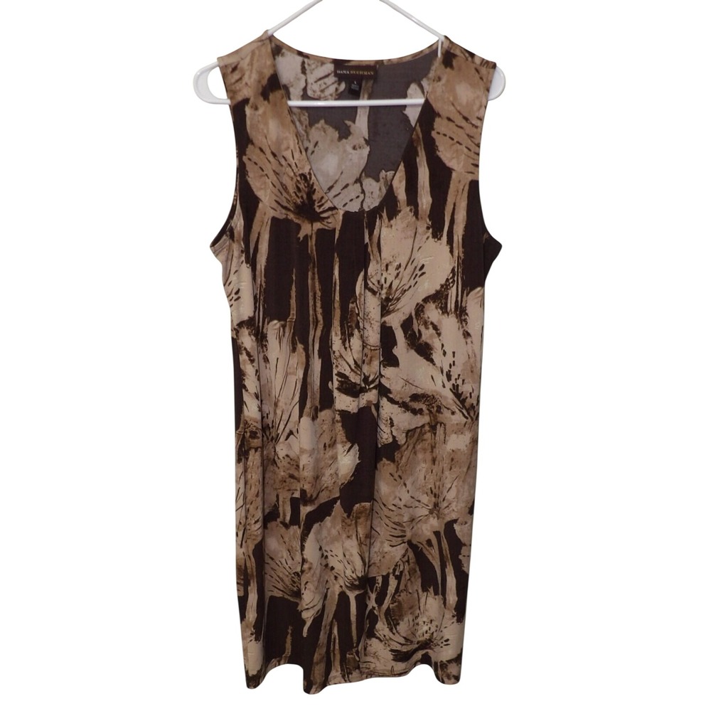 Dana Buchman Brown Tan Floral Sleeveless V-Neck Pleated Shift Dress Large